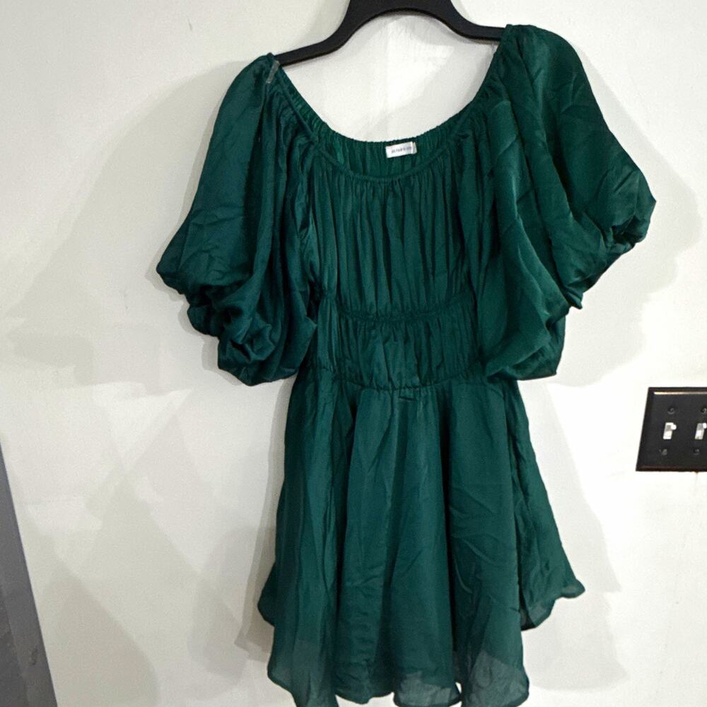 Altar'd State Green Solid Shift Short Dress Scoop Neck Holiday Puff Sleeve XL